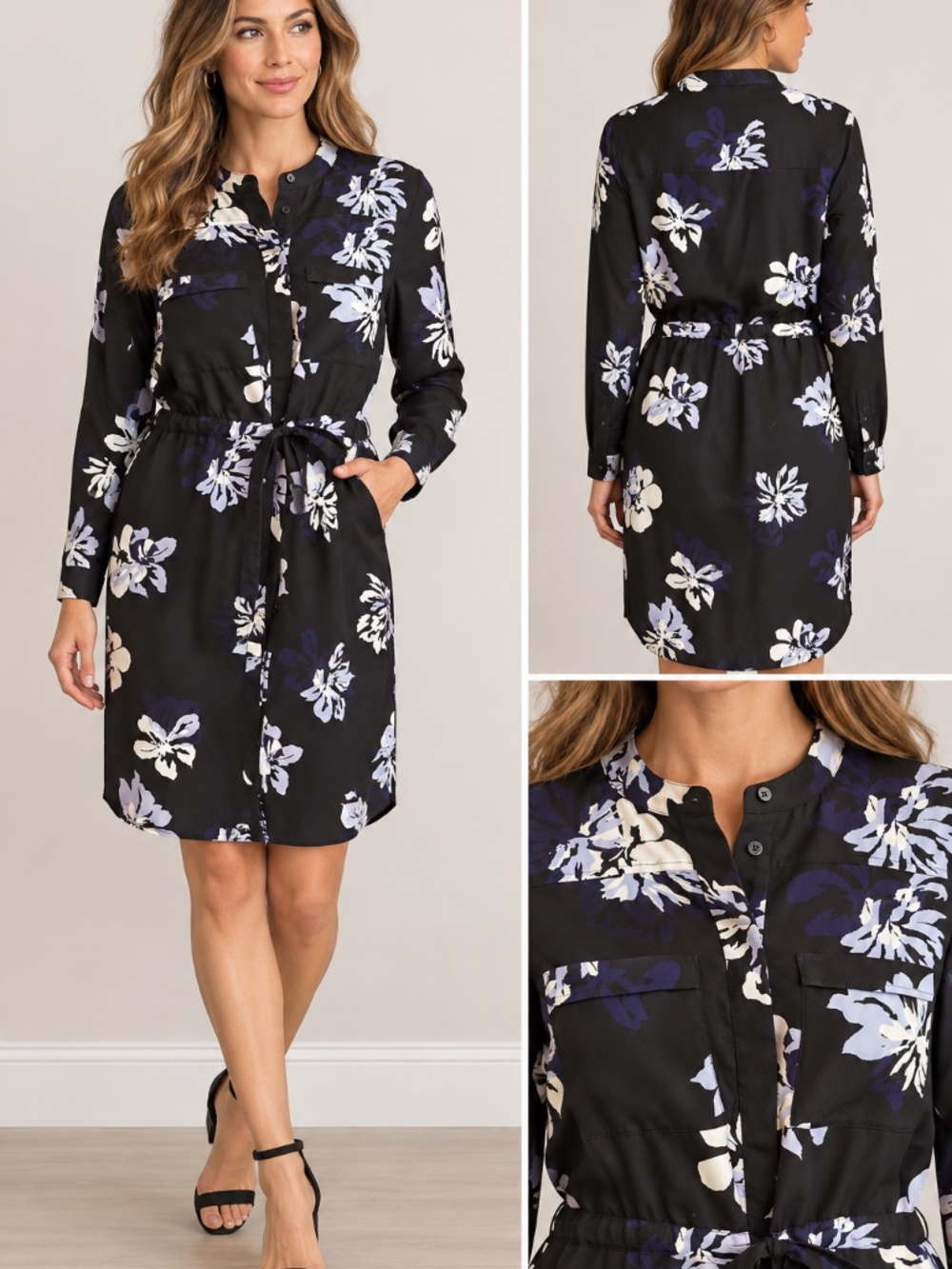 Banana Republic S Black Floral Shirt Dress Pockets Tie Waist Work Career Casual